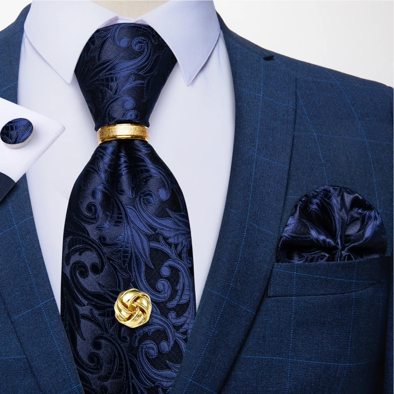 Luxury Blue Floral Paisley Ties For Men Wedding Neck Tie Handkerchief Cufflinks Tie Ring And Tie Tack Set Gift For Men DiBanGu