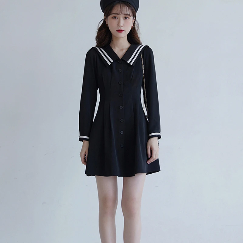 Japanese Fashion Mini Dress Women Korean One Piece Sailor Collar Long Sleeve Dress Elegant Vintage Slim Y2K Dress 2021 Autumn