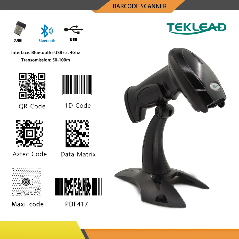 

TEKLEAD USB Wired 2.4G Bluetooth Portable Barcode Scanner 1D 2D QR Bar Code for Store Supermarkt Warehouse