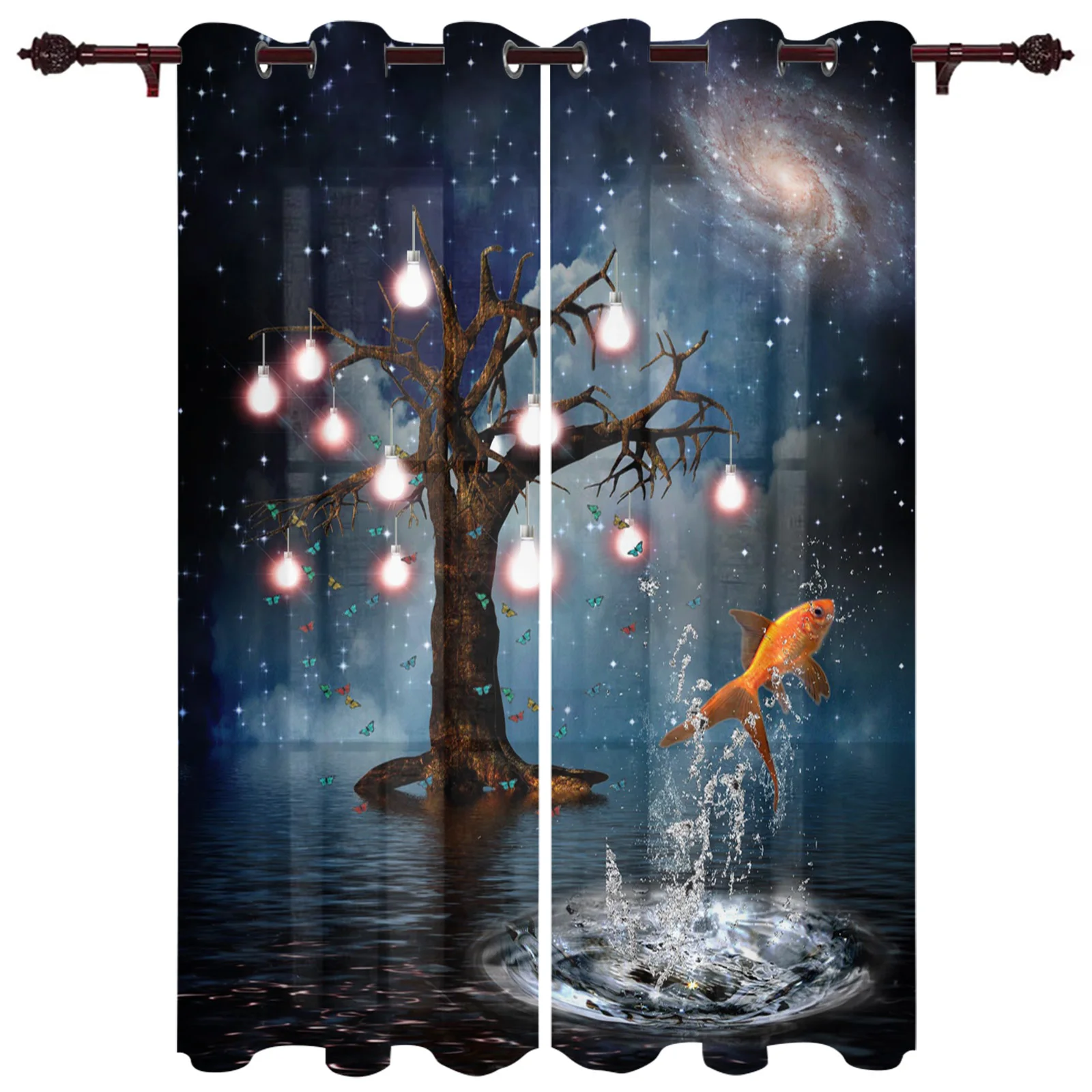 Tree Lights Carp Milky Way Kitchen Curtain Kids Bedroom Living Room Balcony French Windows Curtain Fabric Pergola Bathroom