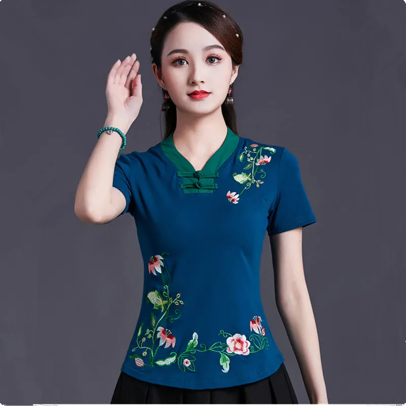 UHYTGF Mode frauen Sommer T-Shirt Bestickt Vintage Taste Elegante Weibliche Kleidung Kurzarm Dünne 6XLPlus Größe Tops 2149