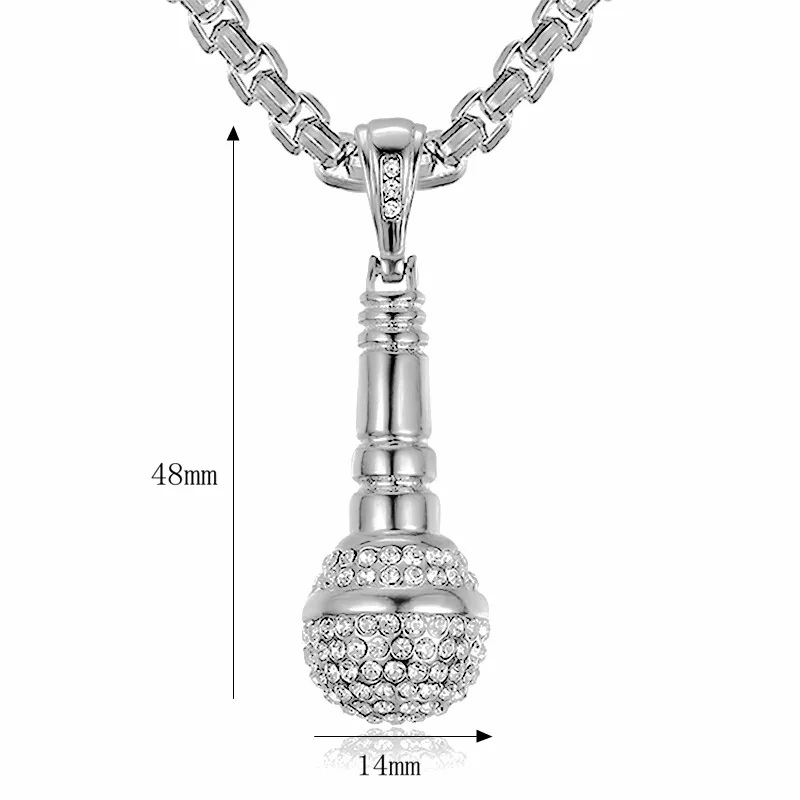 Hip Hop Rhinestones Paved Bling Iced Out Gold Silver Color Stainless Steel Microphone Pendants Necklace for Men Rapper Jewelry