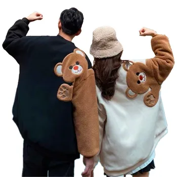2025 Spring Harajuku Men Round Neck Sweatshirt Flocking Cartoon Bear Fleece Long Sleeves Hoodies Unisex Couple Matching Outwear