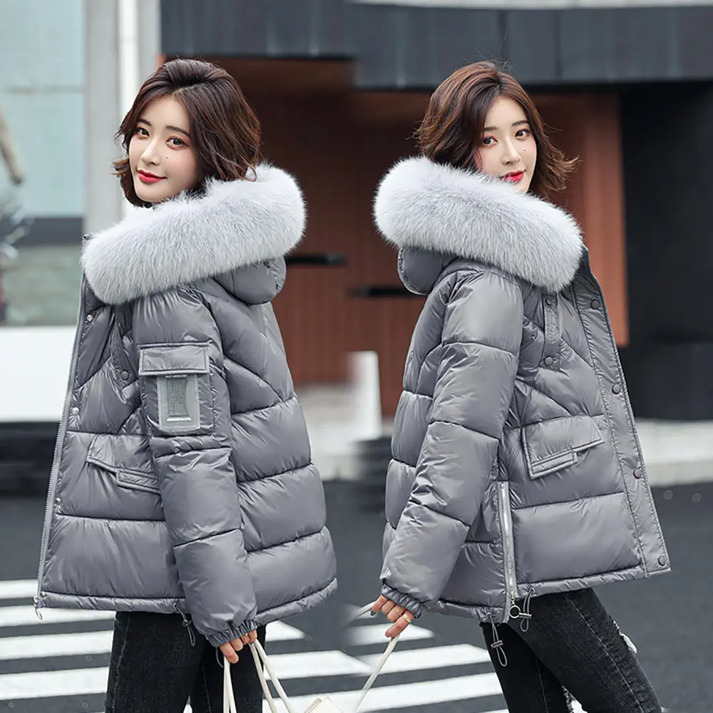 PinkyIsBlack Women Winter Hooded Thick Short Jacket Solid Casual Glossy Warm Cotton Padded Parkas Fur Collar Winter Coat Women