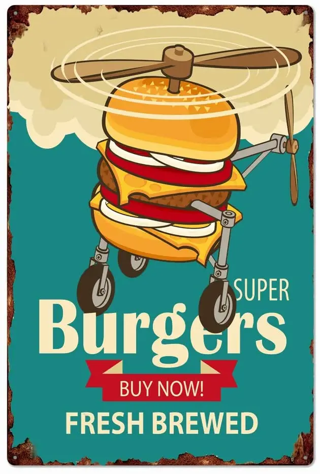 Original Vintage Design Tin Metal Wall Art Signs, Fresh Brewed Burgers Thick Tinplate Print Poster Wall Decoration