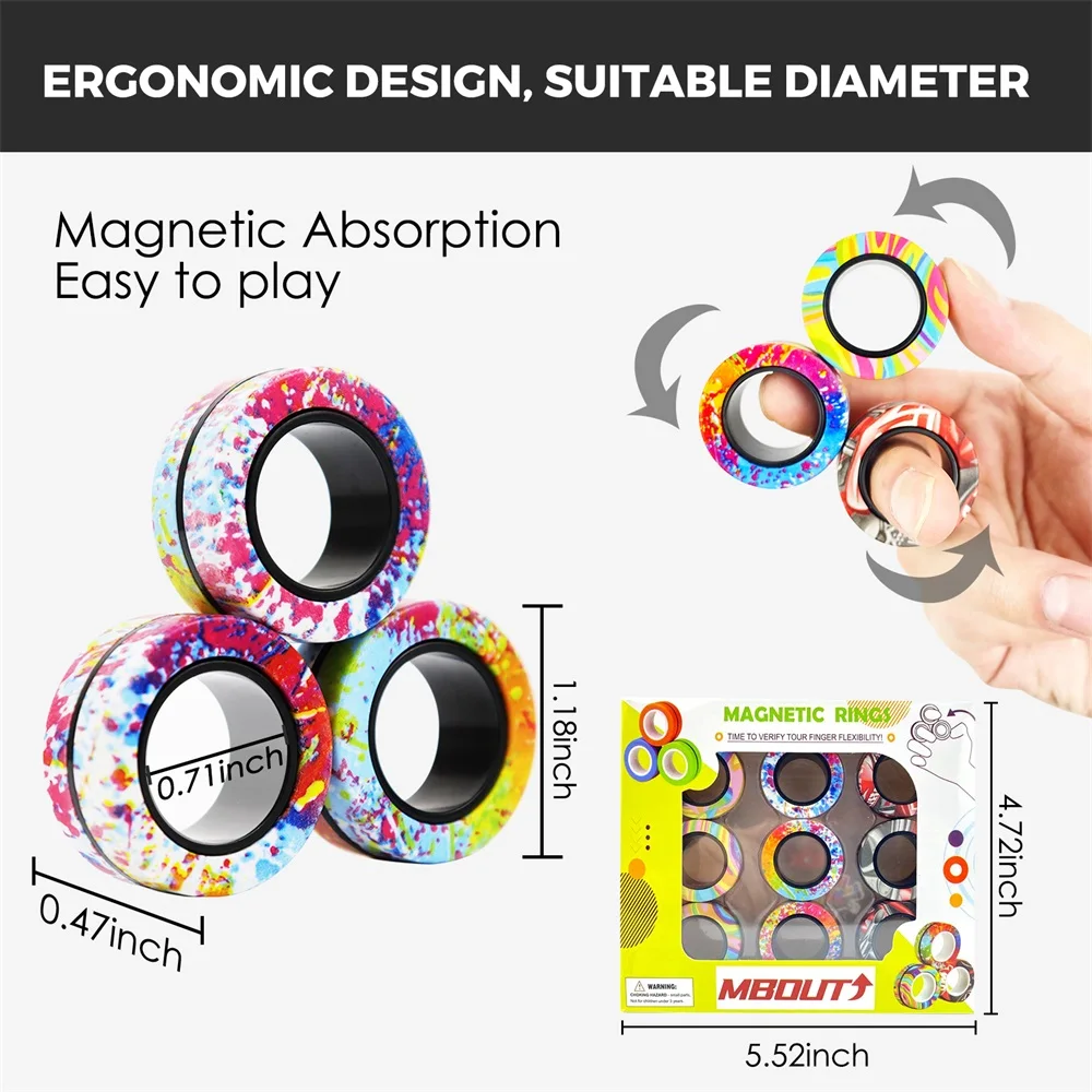 9Pcs Magnetic Ring Fidget Spinner Toys Set camo Fingers Magnet Rings ADHD Stress Relief Magical Toys for Kids Anxiety