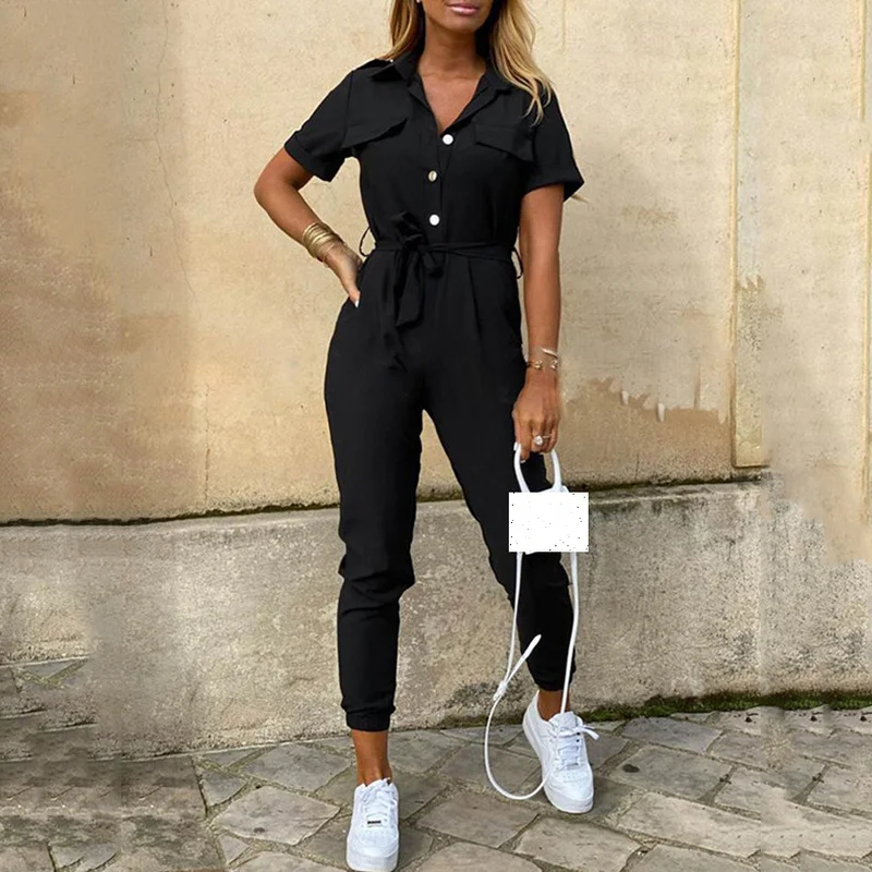 Women Jumpsuits Striped Printed Shorts Sleeve Bodysuits Waistband Streetwear Casual Overalls Catsuits Rompers Cargo Pants 2XL