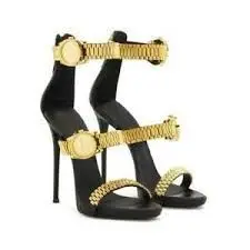 Carole 2022 ROME Shoes Open Toe Thin Heel Chain Watch Sandals Wedding Sexy Woman High Quality Gold Silver Ankle Buckle Sandals