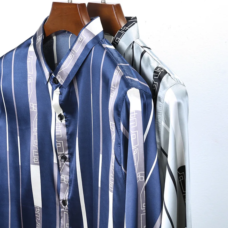 New Arrival Men\'s Silk Clothes 2022 Spring Fashion Stripes Satin Silk Shirts Long Sleeve Male Striped Silk Dress Shirts