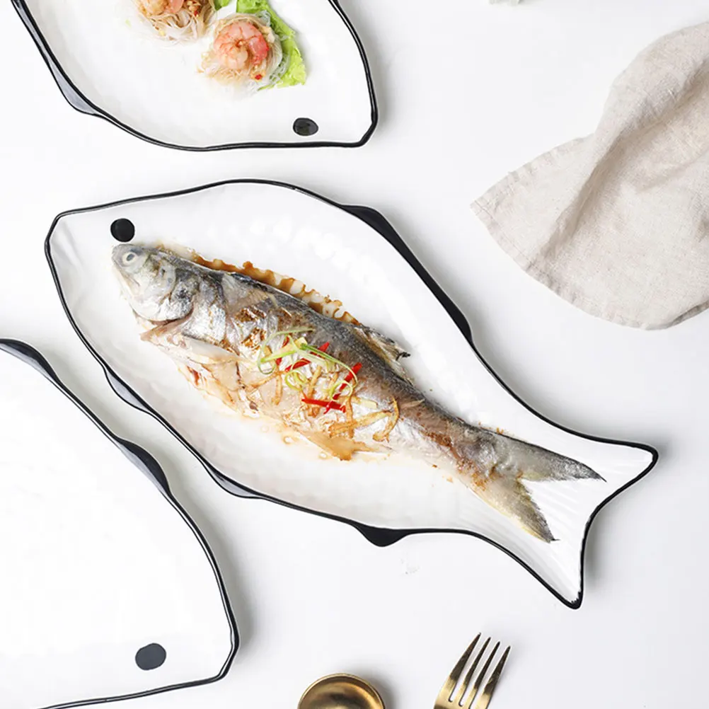 Simple Ceramic Fish Plate Steamed Fish Plate Creative Fish-Shape Steaming Holder Fish Steaming Dish Exquisite Dinner Plate