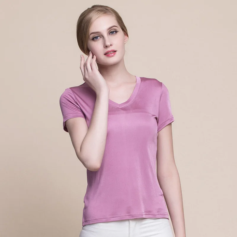 

Birdsky, 1PC 30% natural mulberry silk Women short sleeve T shirt Top V neck slim fit simple Tee, 9 solid colors. HC-10