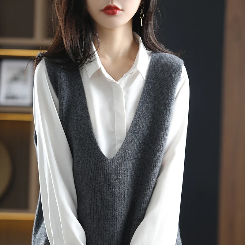 Hot Sale 100% Pure Australian Wool Knitted Sleeveless Women Sweaters Vneck Loose Thick Warm Knitwears 6Colors Female Vest