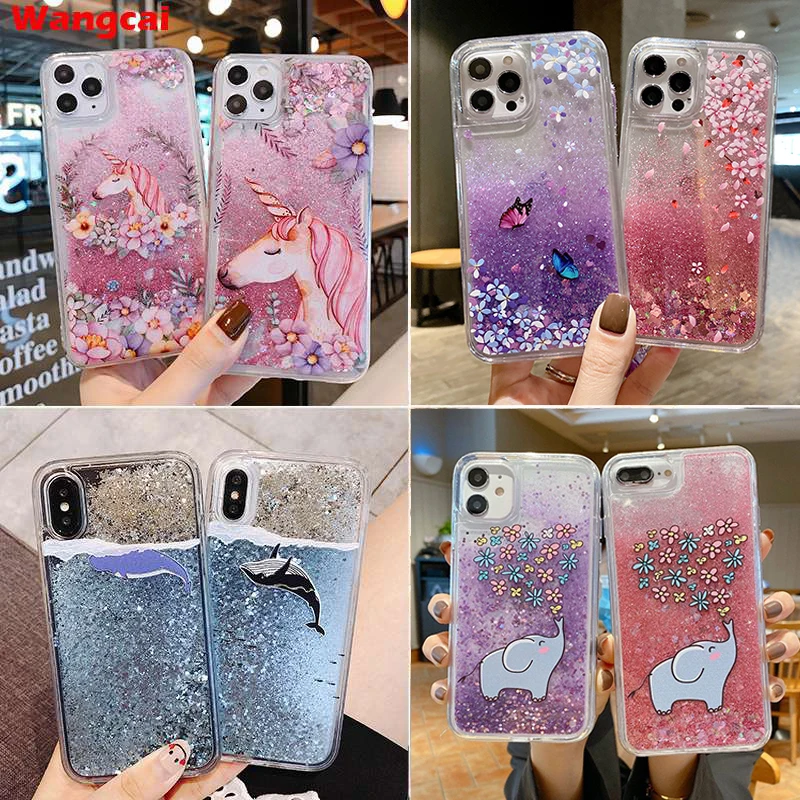 Whale Glitter Case For Huawei Y9 Y7 Pro Y6 2019 2018 Honor View 20 10 10 9 Lite Unicorn Case Bling Quicksand Water Liquid Cover