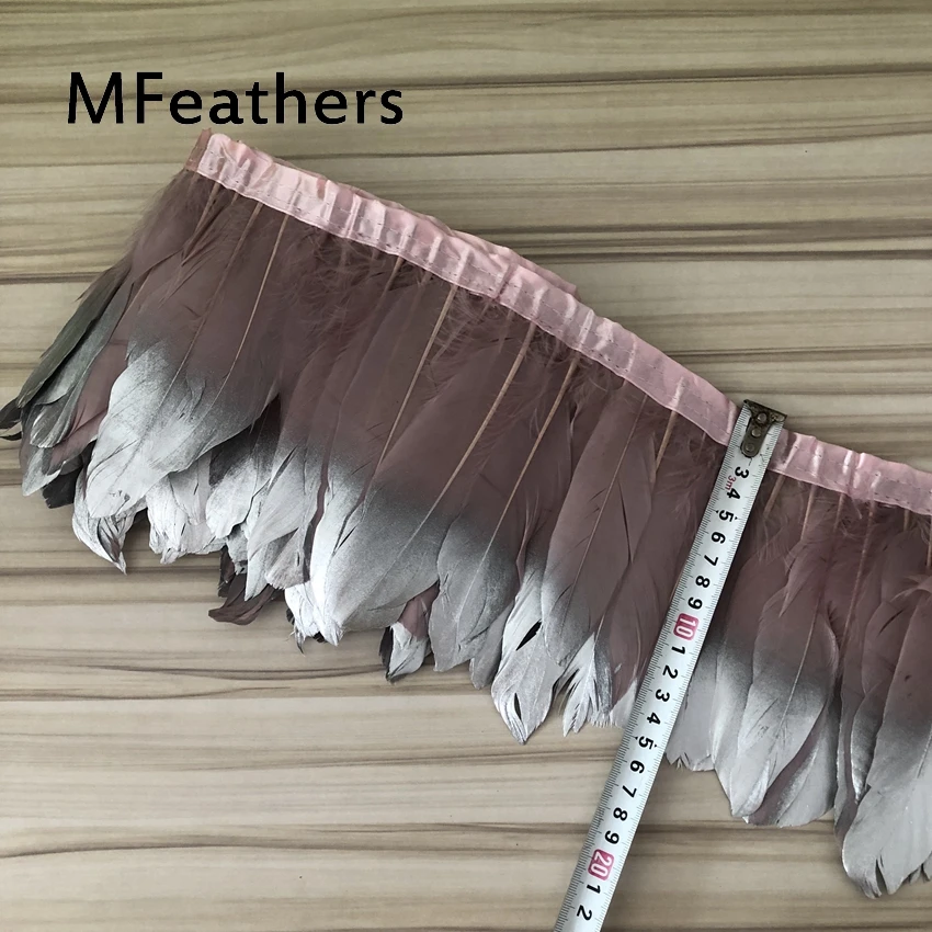 MFeathers AA Quality Dyed Leather Pink Goose Feather Trim 15-20cm 6-8inches Width Silver Geese Feather Strips Cloth Belt Ribbons