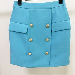 HIGH STREET New Fashion 2024 Designer Skirt Women's Lion Buttons Embellished and Textured Matching Skirt Sky Blue