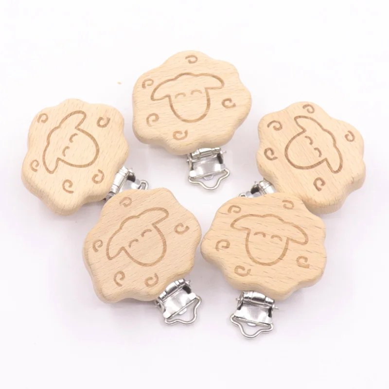 

5pcs Baby Goat Pacifier Clip Non Toxic Beech Wood Engraving Printing Pacifier Clip Molar Toys 0-24 Months