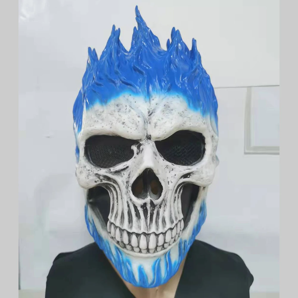 Halloween Ghost Rider Red And Blue Flame Skull Mask Horror Ghost Full Face Latex Masks Cosplay Costume Props