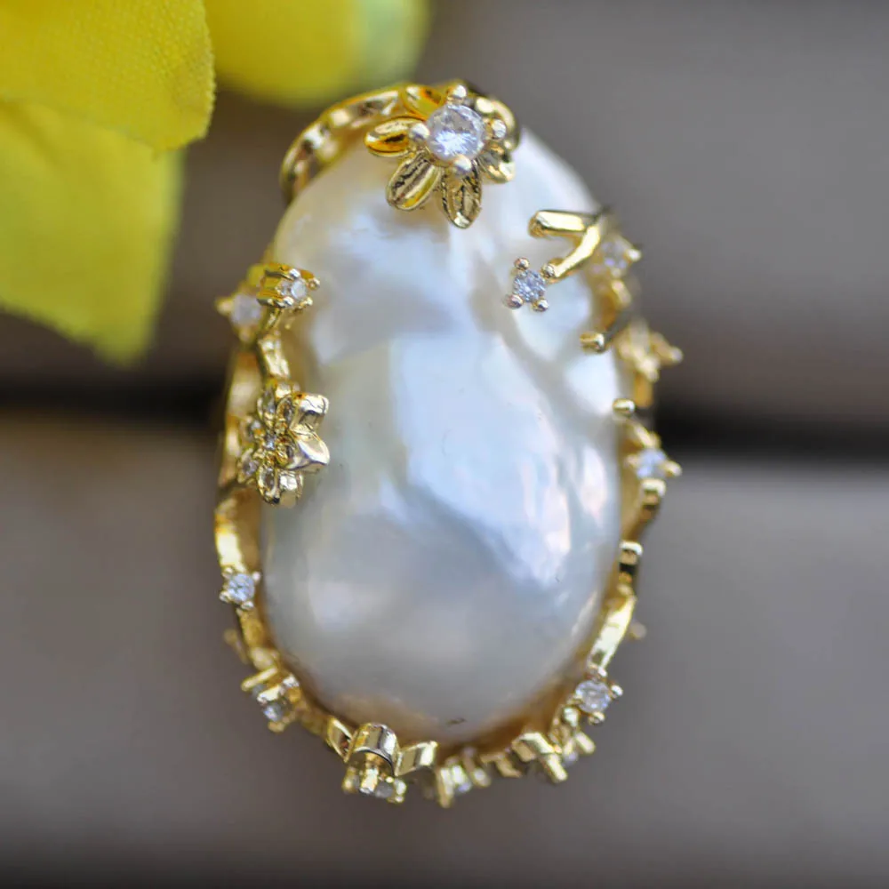 Z10311 Huge 32mm White Gray Lavender Black Baroque Keshi Pearl gold-plating CZ Ring