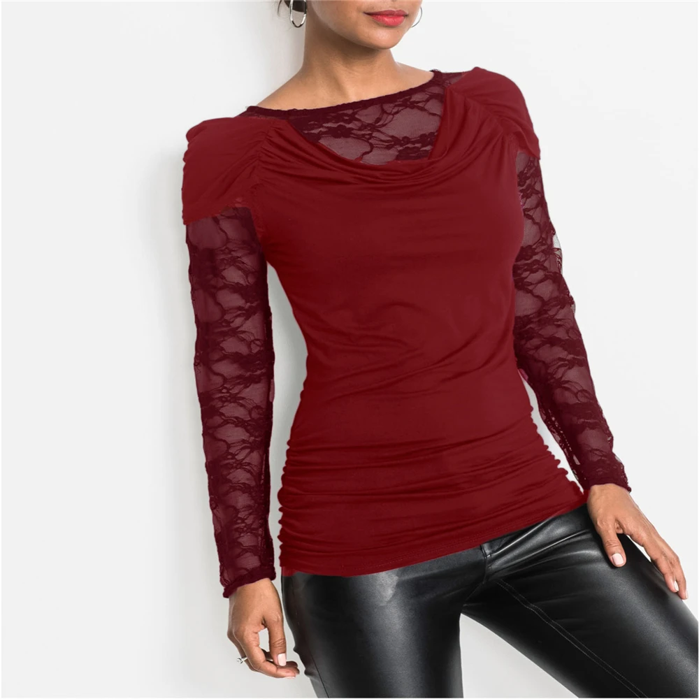 Nieuwe Black Lace Patchwork Vrouwen Tops En Blouses Zomer Effen Stapel Kraag Lange Mouwen Met Drie Kleuren Vrouwen Slim Casual blouse