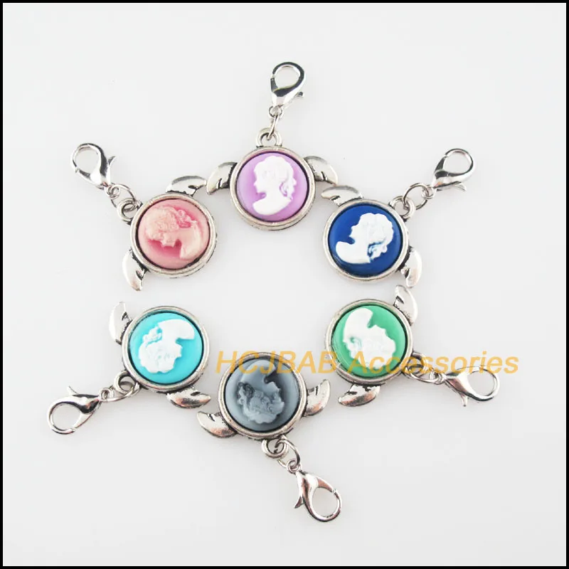12 New Beauty Mixed Charms Resin Round Frame Pendants With Lobster Claw Clasps Tibetan Silver Plated 18x22mm