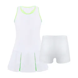 2Pcs Kids Girls Summer Sport Suit Round Neck Sleeveless Dress And Shorts Set Sportswear For Running Gym Tennis Badminton