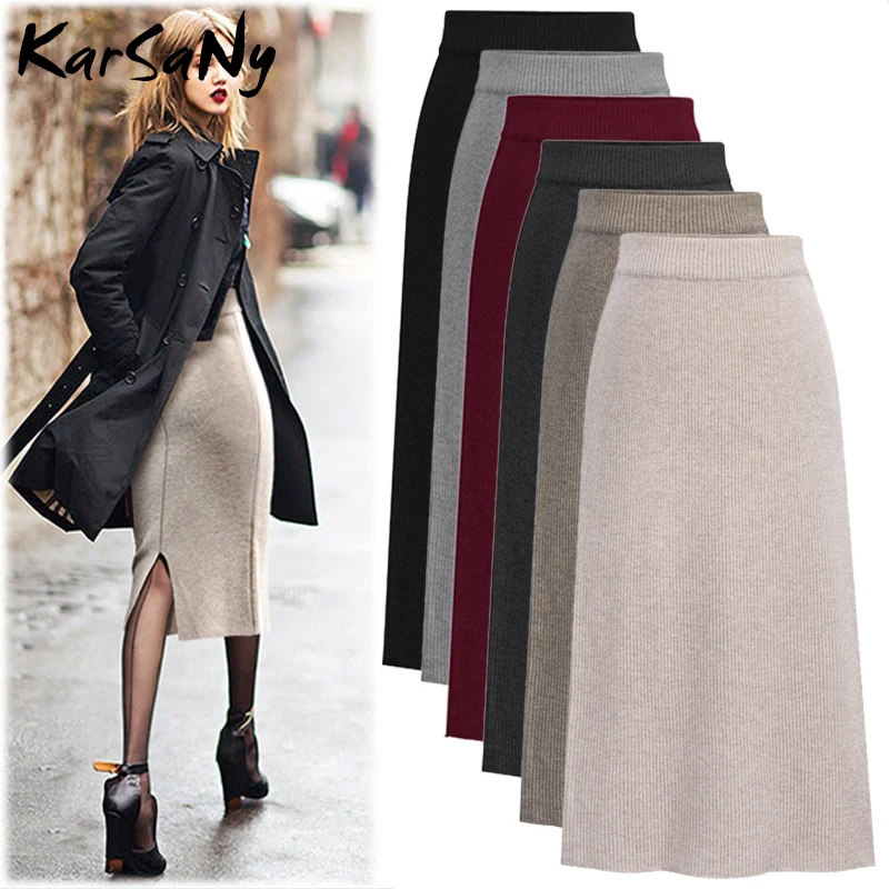 KarSaNy Autumn Winter Knit Pencil Skirt Women High Waist Skirts Womens Knited Split Midi Skirt For Women Autumn 6XL