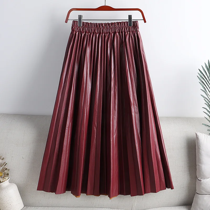 

Autumn Winter Women Midi-Calf PU Leather Elastic Waist Pleated Skirts Office Ladies High Waist A-Line Harajuku Skirt DS288