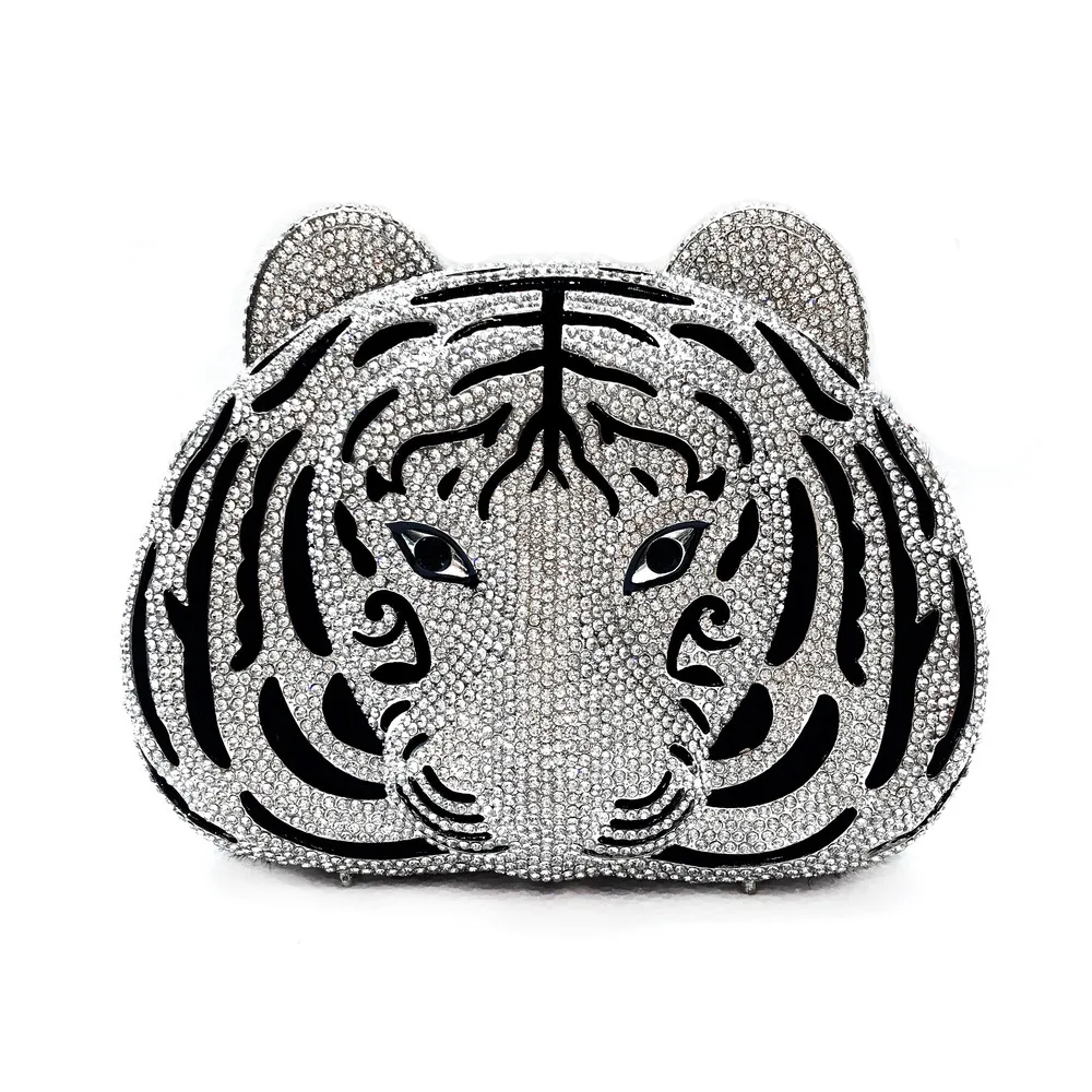 

20x14CM Large Tiger Head Rhinestone Bag Corrugated Metal Diamond Dinner Bag Banquet Women Phone Bag a6882