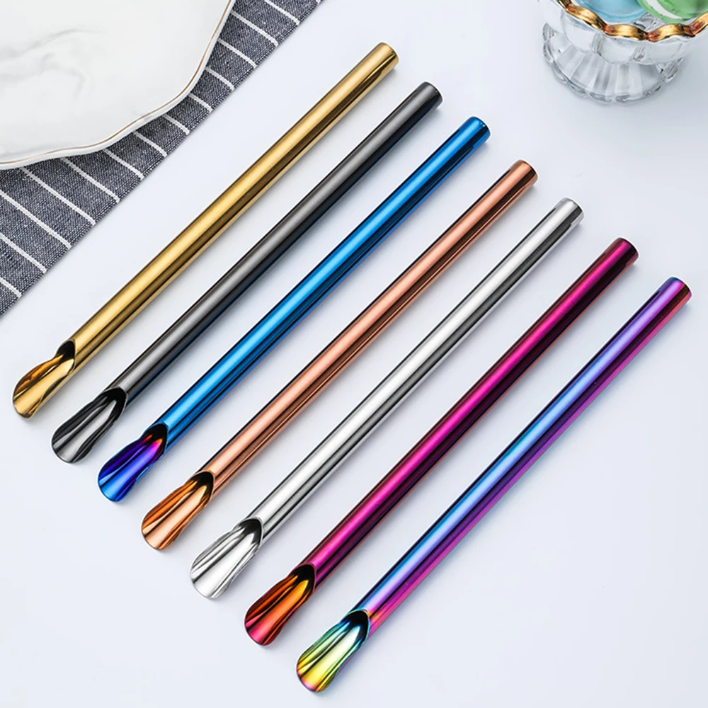 1Pcs Drinking Straw Reusable Metal Set  Bubble Tea  304 Stainless Steel Smoothie Milk Shake Straws Stirring Spoon