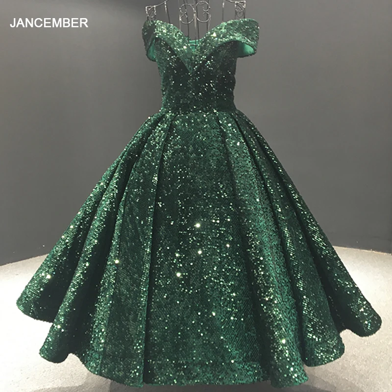 J66742 jancember formale kleid v-ausschnitt weg von der schulter ballkleid lace up zurück pailletten grün abendkleid kurze abiti da sera