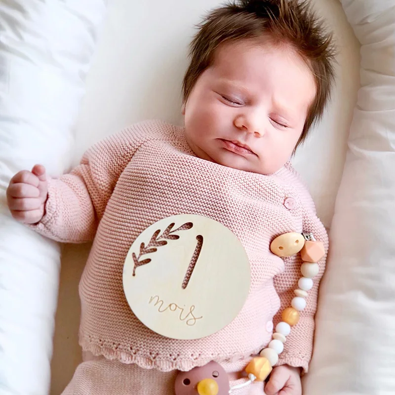 Wooden Baby Month Milestone Card Newborn Birth Month Birthday Milestone Wooden Teether Baby Kids Photography Props Toy