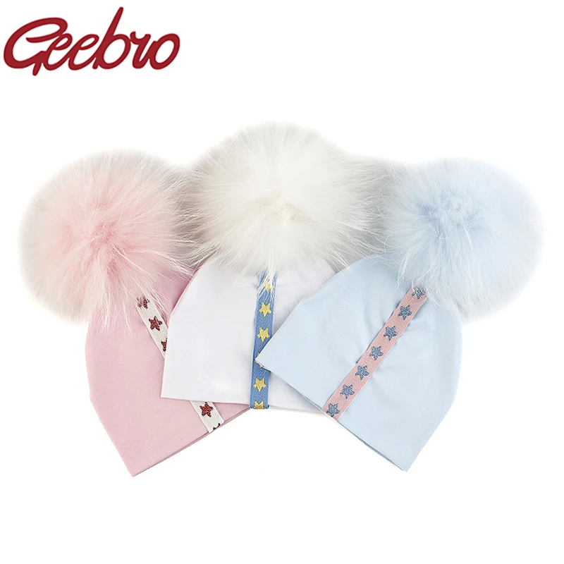 

Geebro Newborn Baby Soft Cotton Real fur pompom Beanies Hats For Boys Girls Star heart Ribbon Kids Infants Toddler Baby Hats