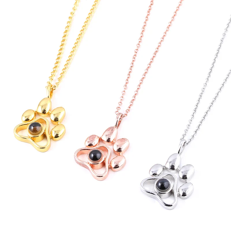 2020 Cat Dog Paw Pet Photo Projection Pendant Necklace Footprints 100 languages I Love You Choker Necklace for Women Men Jewelry view 4