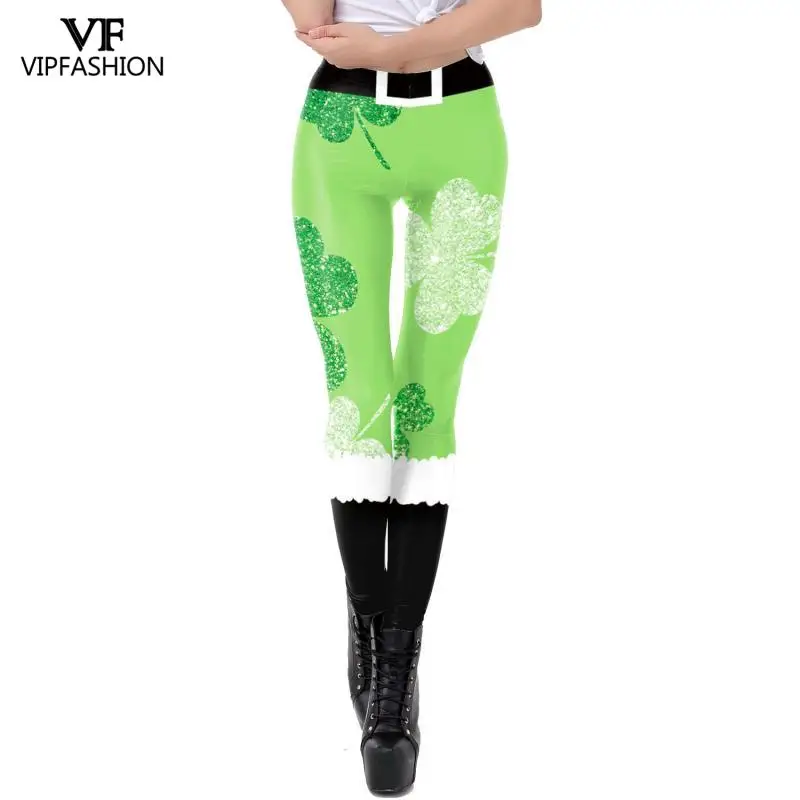 VIP FASHION New Cosplay St. Patrick\'s Day 3D Clover Printed Leggings Women Fake Lace Skinny Pants Sexy Female leggings