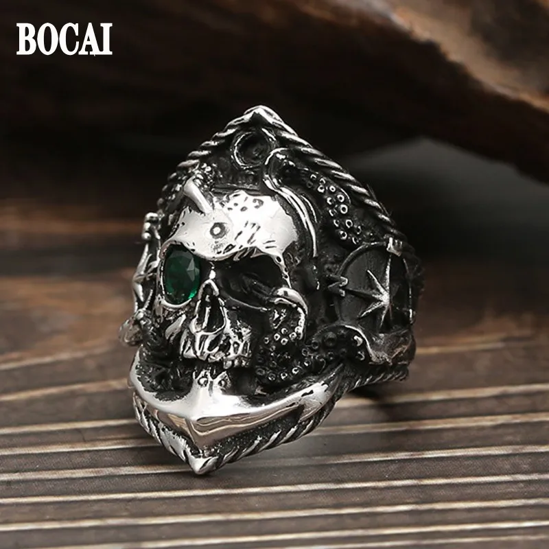 BOCAI New  Trenday 100% S925 Silver Diamond-encrusted Zircon Personality Dark Punk Style Hipster Hip-Hop Rock Skull Man Ring