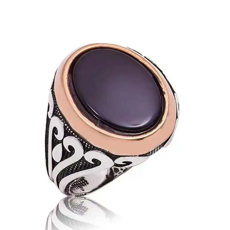 Silver Black Stone Men's Ring - 925 Sterling Men's Jewelry Wedding Birthday Gift - Box - Men - Fashion - Botiva - Size - Turkish - Patterned Embroidery