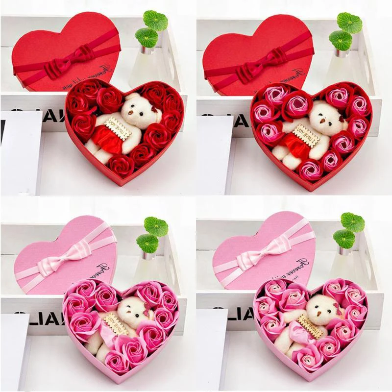 

2020 Valentines Day 10 Flowers Soap Flower Gift Rose Box Bears Bouquet Wedding Decoration Gift Festival Heart-shaped Box