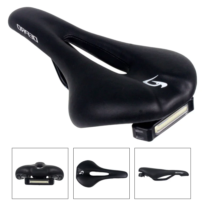 Bicycle Saddle with Tail Light MTB Road Bike Saddles Hollow Cycling Saddle PU Leather Seat Custion Bike Seat w/ Rear light