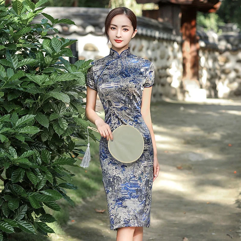 Cheongsam 2021 Women Summer New Short-sleeve Satin Dresses Chinese Style Thin Cheongsam Dress Slim Long Qipao