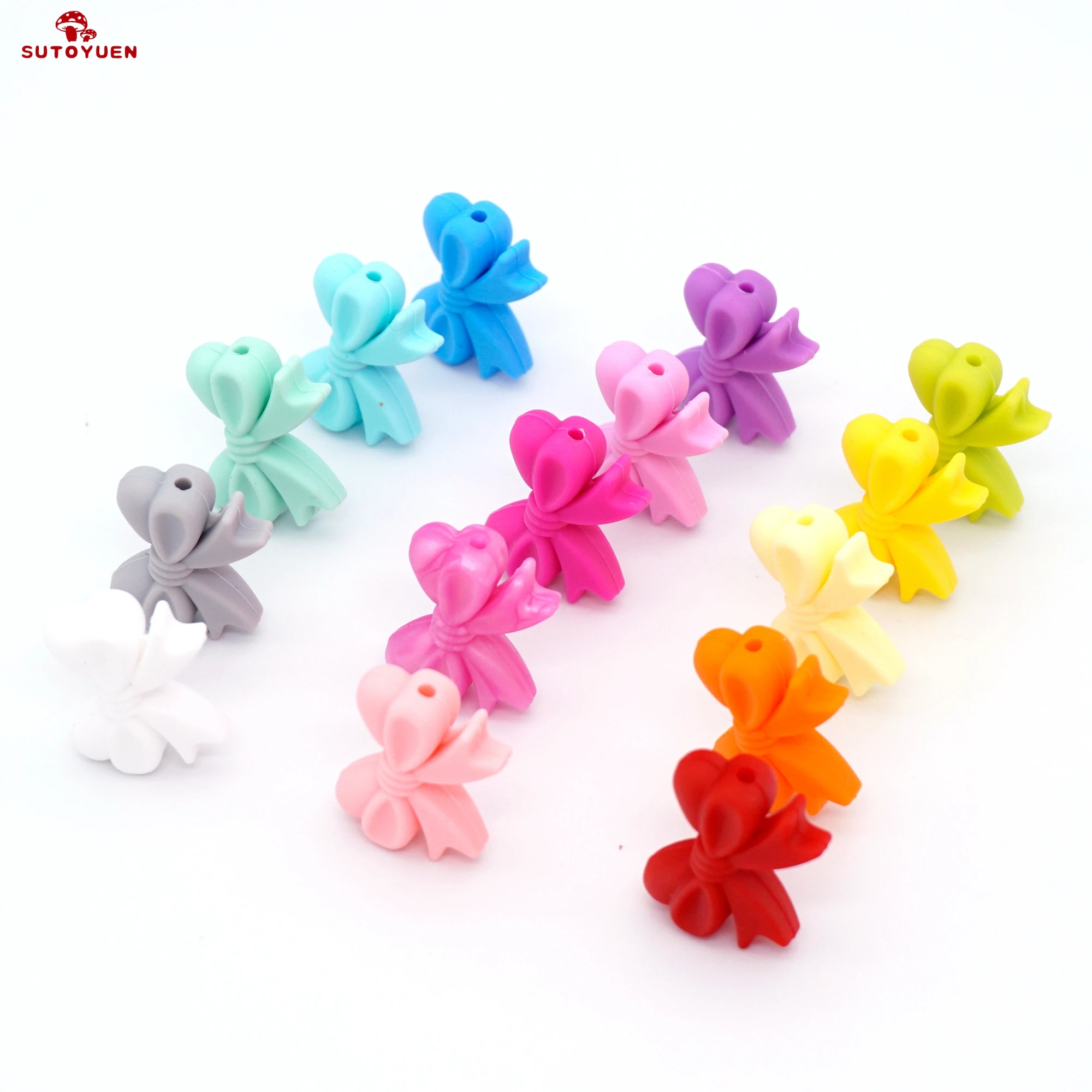 Sutoyuen Silicone Beads Bow 100pcs Soft Bowknot Baby Teething Beads Chewable for Pacifier Necklace Safe Sensory Toy Accessories