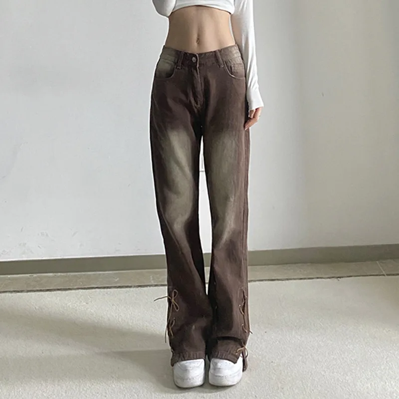 

Women Flared Trousers Washed Do Old Loose Pants Bleached Pleated Hem Split Jeans Spring Autumn New High Waist Retro Denim Pants