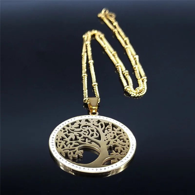 Mode Baum des Lebens Edelstahl Halskette Gold Farbe Kristall Anhänger Halsketten Elegante Frauen Mädchen Schmuck Geschenke N76S01 – Detail 4
