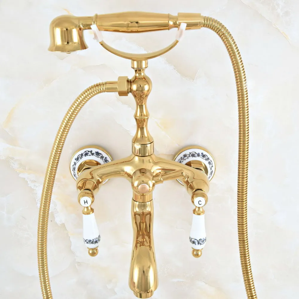 Luxury Polished Gold Color Brass Bathroom Wall Mounted Clawfoot Tub Faucet Taps Set With Hand Held Shower Head Spray mna817