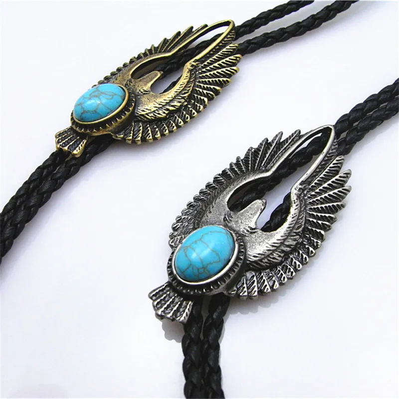 Bolo tie New Retro Shirt Chain Blue stone Flying Wings Bollow Collar Leather Necklace Long tie Pendant