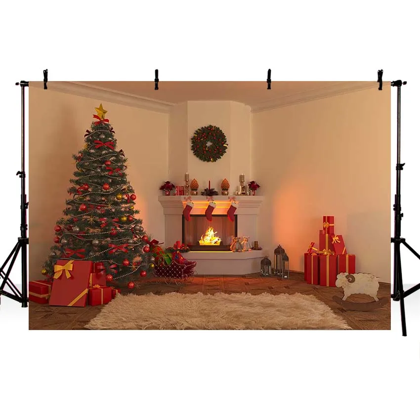 Avezano Christmas Backdrops Tree Winter Gifts Fireplace Candle Sock Decor Banners Photography Backgrounds Photo Studio Photozone