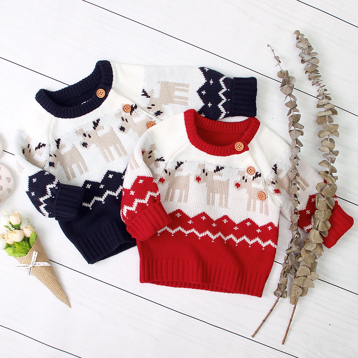 Christmas Children Girls Boy Knitted Cartoon Sweater Round Neck Long Sleeve Loose Sweater with Elk Pattern for Spring and Winter