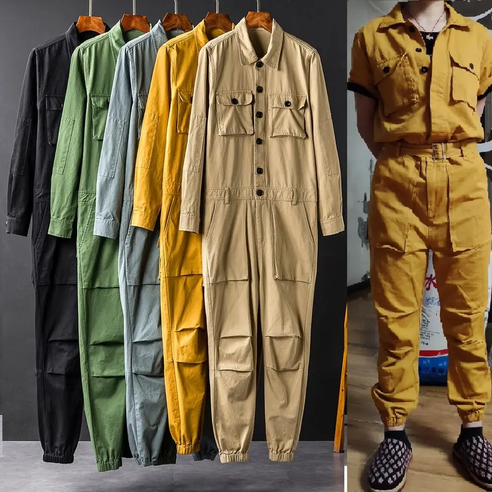 

Spring Overalls Men's Jumpsuit Loose Long Sleeve Beam Feet Cotton Cargo Pants Green Black Yellow Workwear Trousers Size 5xl