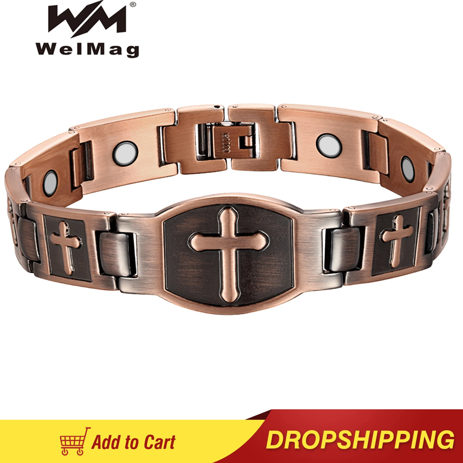 

WelMag Copper Bracelets For Men Width Bangle Healthy Care Vintage Cross Pattern Wristband Jesus Jewelry