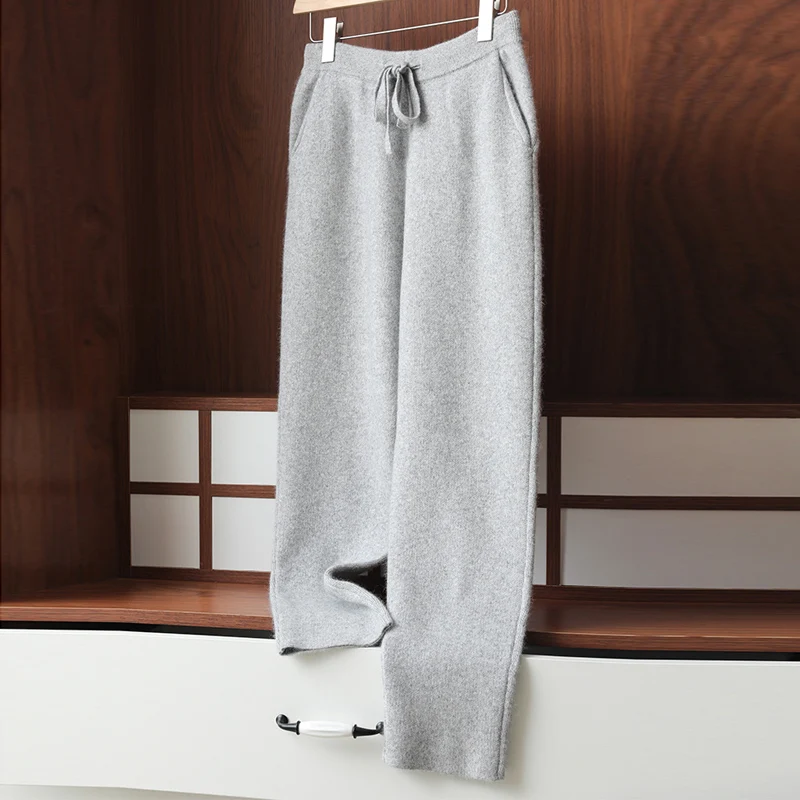 ATTYYWS-Mink Cashmere Long Pants for Ladies, Monochrome Knitted Pants, All-match Trend, Autumn and Winter, Brand New