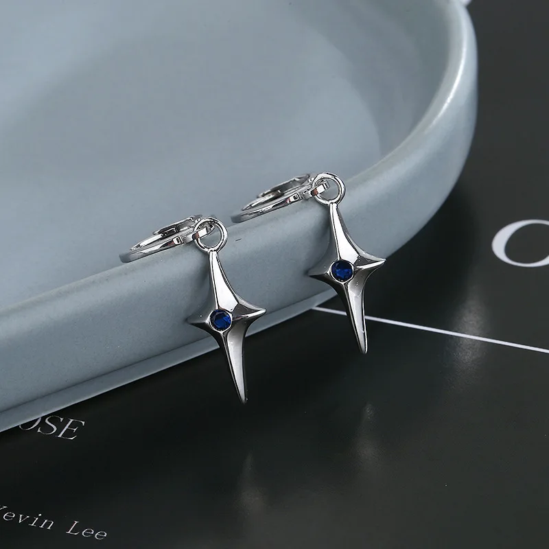 KOFSAC Zircon Blue Four-Pointed Star Hoop Earrings For Women Cool Girl Birthday Gifts Trendy Earring 925 Sterling Silver Jewelry